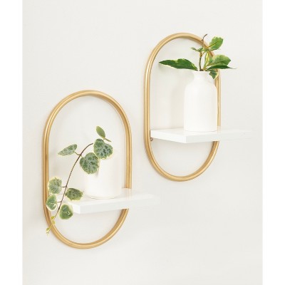White and Gold Modern Floating Wall Shelves Set of 2