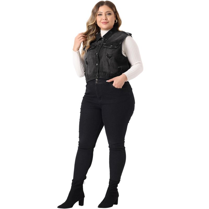 Agnes Orinda Women's Plus Size Sleeveless Chest Pockets Button-Up Denim Vests, 3 of 6