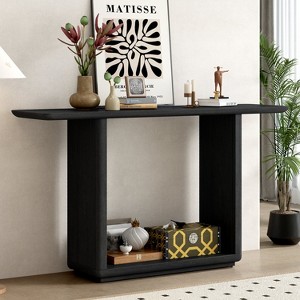 APRILSOUL 59.80"Elegant Minimalist Console Table with Curved Corners,Natural Wood Veneer,U-Base Design - 1 of 4
