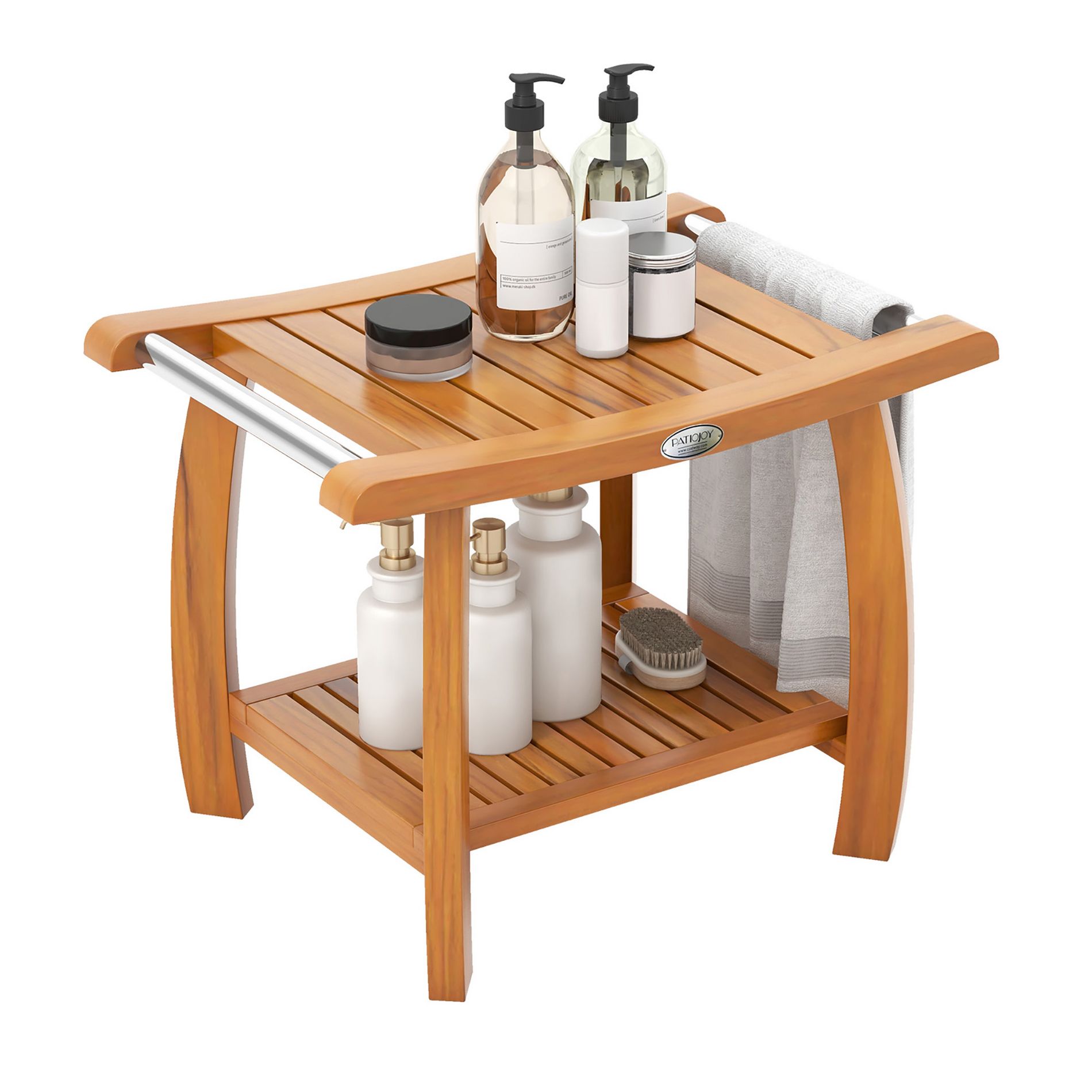 Tangkula Teak Wood Shower Bench 2-Tier Wooden Shower Stool w/ Curved Seat Handles Large