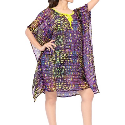 LA LEELA Women's Holiday Beachwear Mini Bathing Suit Loose Beach Summer Dress Cover Up Tunic Swimsuit 12-16 Purple, Abstract