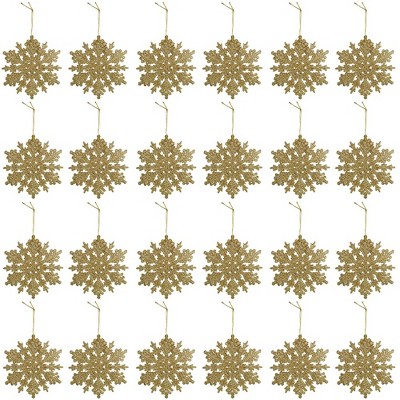 Gold Glitter Plastic Snowflake Ornaments Set of 24