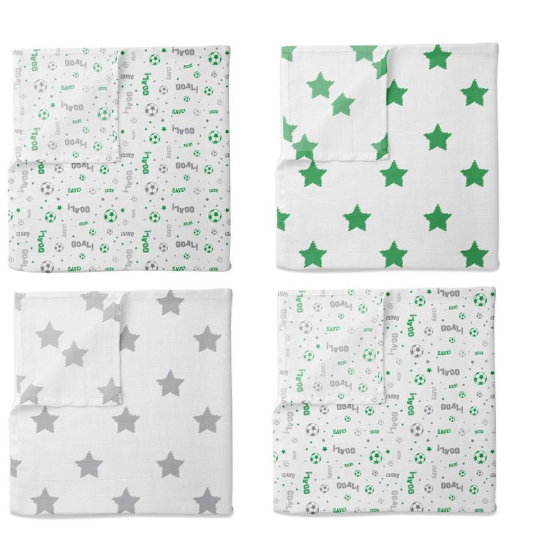 Bacati - Soccerball Green/Gray Muslin Swaddling Blankets set of 4, 2 of 6