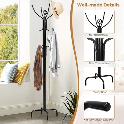 Black Metal Freestanding Coat Rack with Umbrella Stand