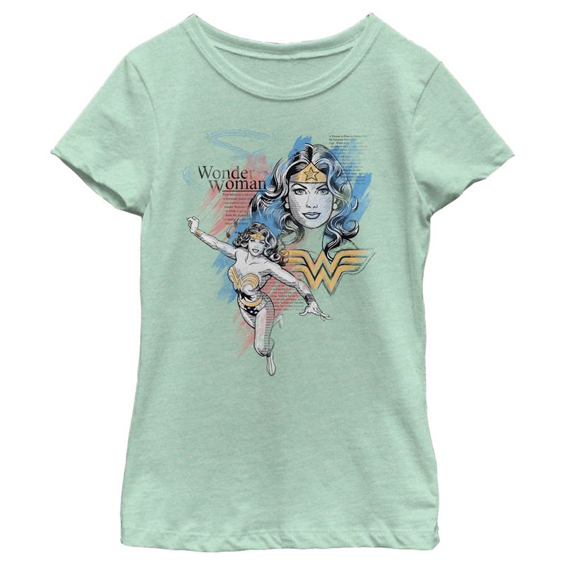 Girl's Wonder Woman Pastel Newspaper T-Shirt, 1 of 5