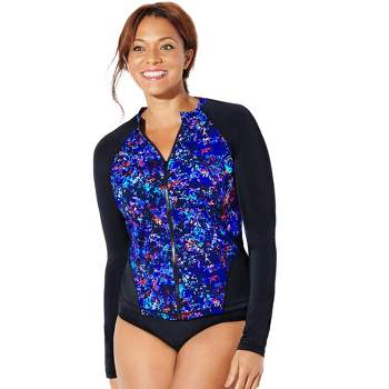 Swimsuits for All Women's Plus Size Chlorine Resistant Zip Front Long Sleeve Swim Shirt