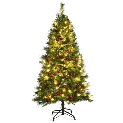 Costway 5Ft Pre-lit Hinged PE Artificial Christmas Tree w/ 150 LED Lights & Pine Cones