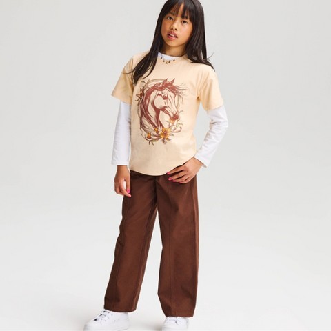 Cat & Jack Girls' Short Sleeve 100% Cotton 'Horse' Oversized Graphic T-Shirt - Cat & Jack™ Beige L