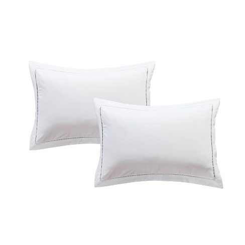 White 100% Linen Standard Pillow Sham, Hemstitch, Embroidered