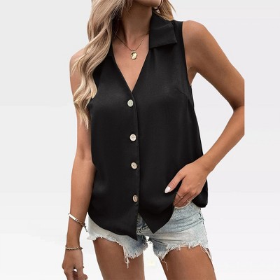 Summer Sleeveless Tops for Women Button Down Vest V Neck Front Button Down Vest Causal Waistcoat for Women