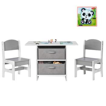 Babyjoy Kids Art Play Wood Table and 2 Chairs Set w/ Storage Baskets Puzzle