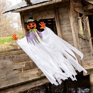 Morris Costumes 4 ft Hanging Animated Smiling Pumpkin Scarecrow - White - 1 of 4