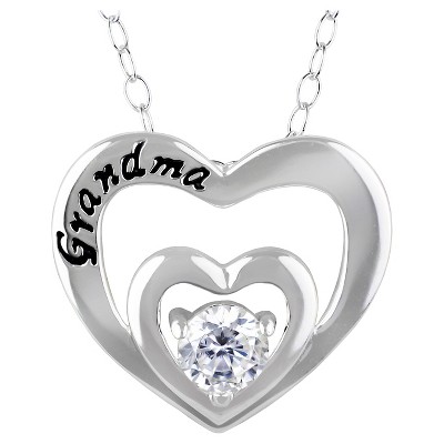 Women's Pendant Necklace Sterling Silver Double Heart with Grandma and Cubic Zirconia-Silver/Clear (18")