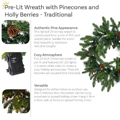 24" Green Pre-Lit Artificial Christmas Wreath with Pinecones and Berries
