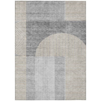 Silver Gray And Beige Geometric Washable Indoor Outdoor Area Rug