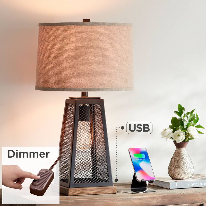 Franklin Iron Works Rustic Table Lamp 26 3/4" High with USB Port LED Night Light Dimmer Bronze Metal Mesh Burlap Shade for Bedroom Living Room House, 2 of 10
