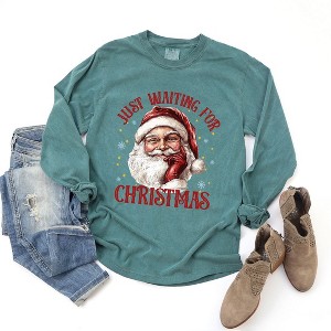 Simply Sage Market Women's Just Waiting For Christmas Santa Long Sleeve Garment Dyed Tee - 1 of 4