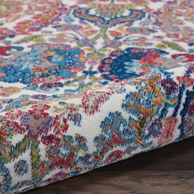 Ivory and Blue Floral Synthetic 2' x 4' Area Rug