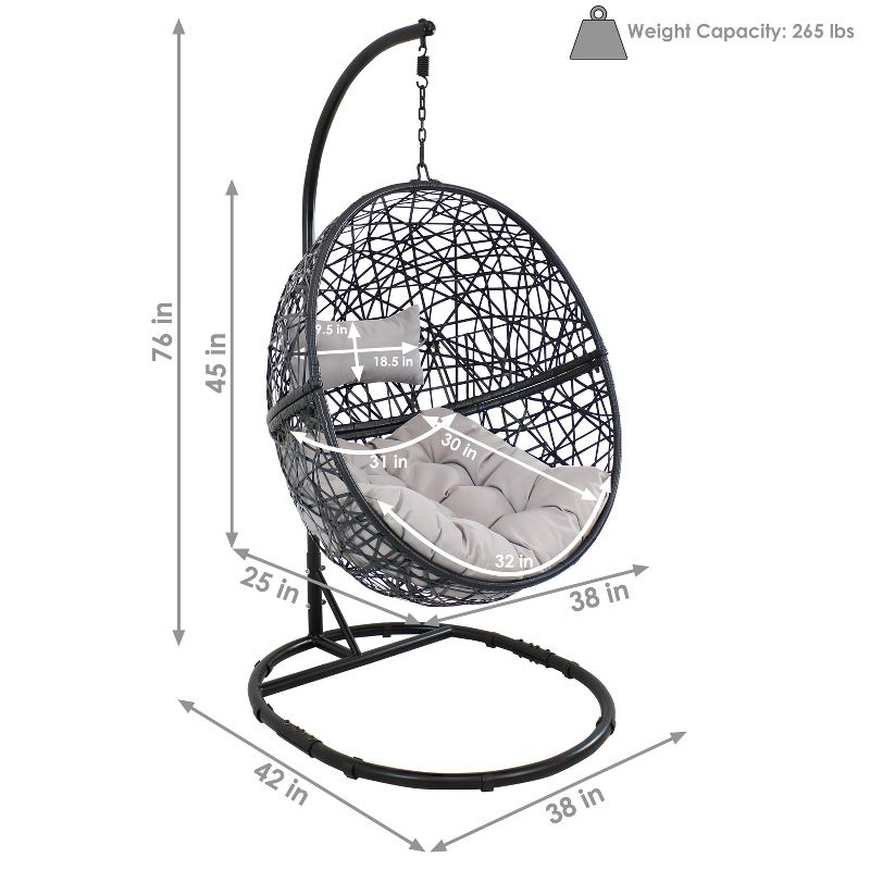 Sunnydaze Outdoor Resin Wicker Jackson Hanging Basket Egg Chair Swing with Cushions, Headrest, and Steel Stand Set - 3pc, 3 of 11