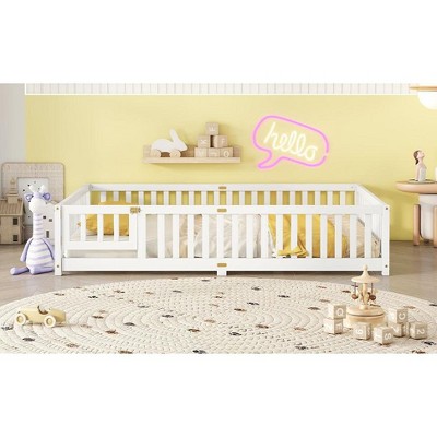 Kumasinova Twin/Full/Queen Size Montessori Floor Bed with Guardrails&Gate,Natural Pine Wood Kids Floor Bed,350lbs Max,Formaldehyde-Free