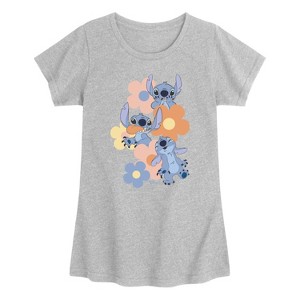 Girls' - Disney - Stitch Pop Flowers Fitted Short Sleeve Graphic T-Shirt - 1 of 3