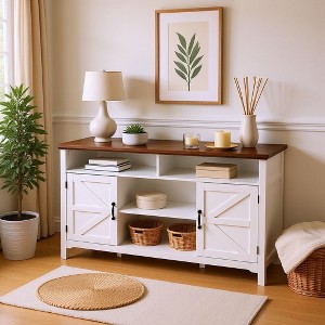 Homy Casa White Farmhouse Sideboard Buffet Cabinet with Storage Shelves and Sliding Door - 1 of 4