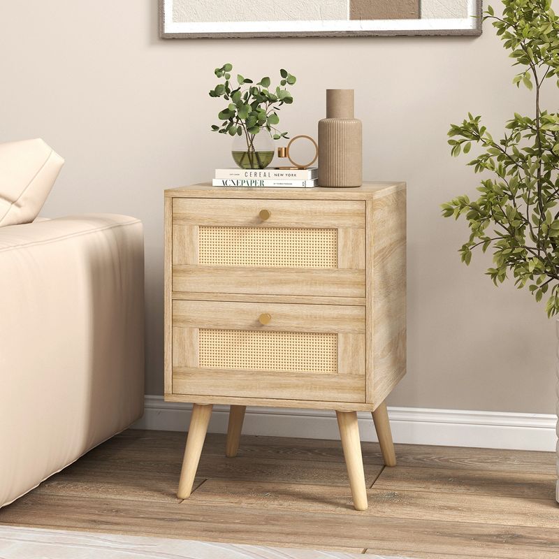Costway 1/2 PCS Rattan Nightstand Boho Accent Bedside Table with 2 Storage Drawers Natural, 2 of 9