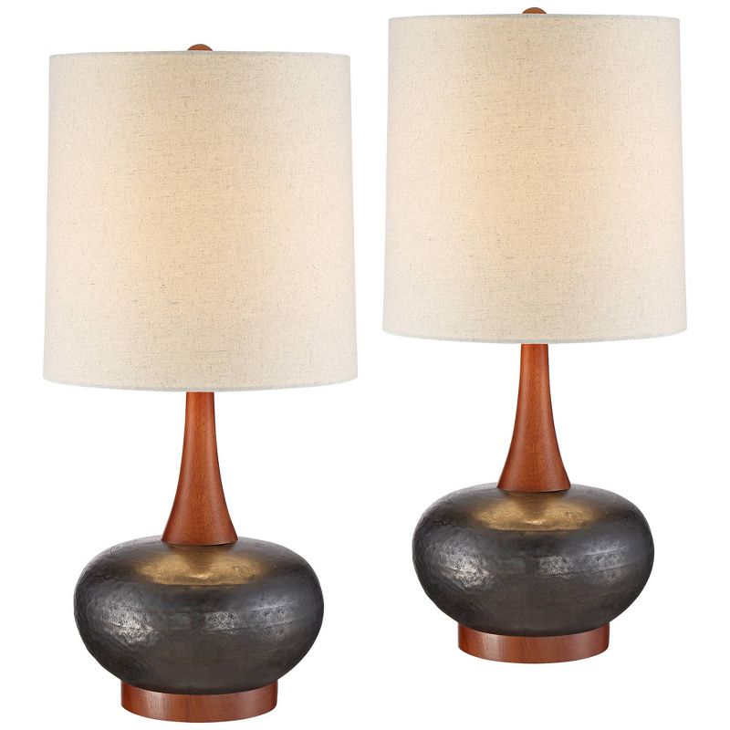 360 Lighting Andi Modern Mid Century Table Lamps 24 1/2" High Set of 2 Hammered Brown Ceramic Red Oak Off White Shade for Bedroom Living Room Desk, 1 of 7
