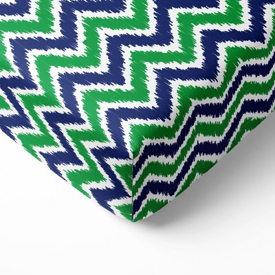 Bacati - Chevron Ikat Navy Green 100 percent Cotton Universal Baby US Standard Crib or Toddler Bed Fitted Sheet