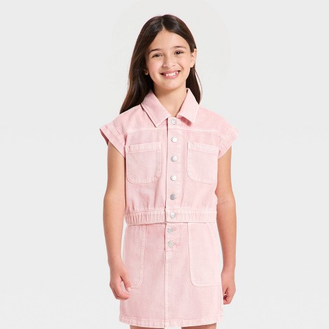 Cat & Jack Girls' Sleeveless Denim Top - Cat & Jack™ Peach Pink S