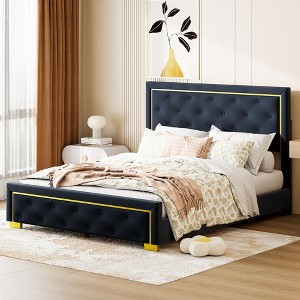 Queen Size Velvet Upholstered Platform Bed Frame With Tufted Headboard and Metal Wire Decor -ModernLuxe - 1 of 4