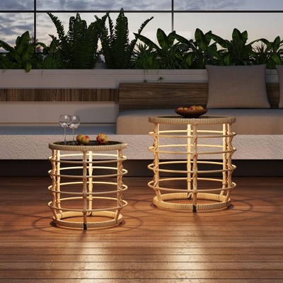 FUFU&GAGA Rattan - Woven Outdoor Side Tables (Set of 2) Auto - Illuminating for Patio & Garden