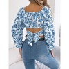 Coolmee Women's Casual Floral Printed Pleated Square Neck Tops Tie Back Cropped Top Summer Long Lantern Sleeve Shirt Blouse S Blue - 2 of 4