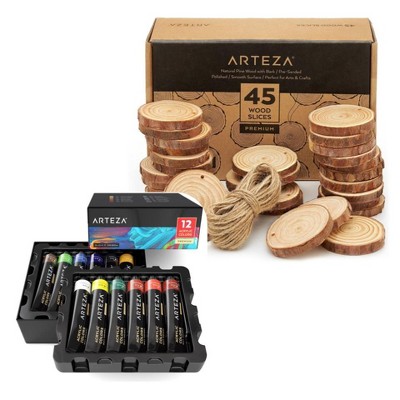 Arteza Arts & Crafts Set - 12 Pack of 22ml Acrylic Paints and 45 Wood Cutout Slices Bundle (ARTZ-NBNDL108)