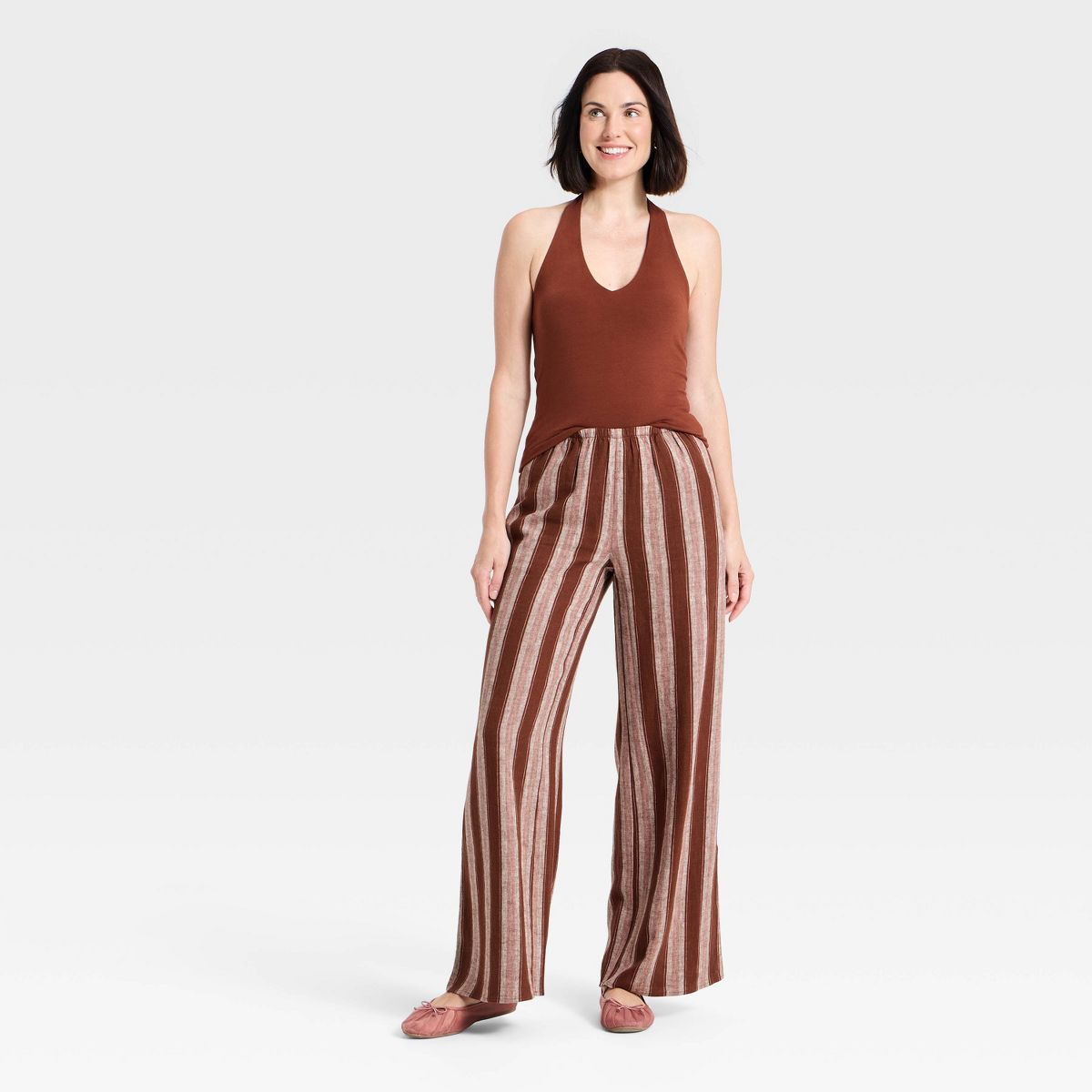 Women's Essential Linen Pull-On Pants - A New Day™ Brown Striped - thumbnail 3