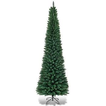 Tangkula 5/6/7/8/9FT Pencil Christmas Tree PVC Artificial Slim Tree w/ Metal Stand Home Holiday Decor Green