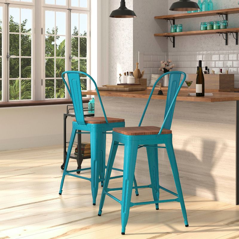 Merrick Lane 24" Metal Indoor-Outdoor Counter Stool with Vertical Slat Back, Integrated Footrest and Wood Seat, 3 of 9