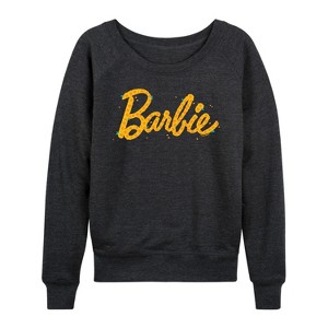 Women's - Barbie - Floral Pattern Logo Filled Lightweight French Terry Wide Neck Long Sleeve Shirt - 1 of 4