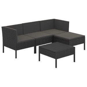 vidaXL Poly Rattan 5 Piece Patio Lounge Set with Cushions - Black - Weather-Resistant Outdoor Furniture with Removable and Washable Covers - 1 of 4
