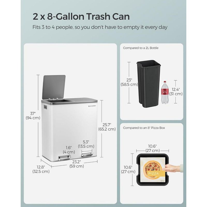 SONGMICS Dual Trash Can, 16 Gal (60L) Rubbish Bin and 15 Trash Bags, Metal Step Bin, with Dual Compartments, Airtight, 4 of 8