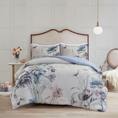 Okak Queen/King 3-Piece Chic Large Floral Printed Bed Duvet Cover Set with Trims,Comfortable Coverlet Bedding Sets,Machine Washable