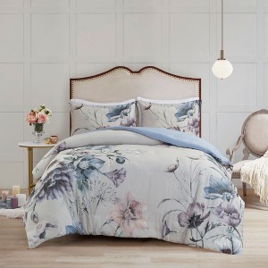 Okak Queen/King 3-Piece Chic Large Floral Printed Bed Duvet Cover Set with Trims,Comfortable Coverlet Bedding Sets,Machine Washable - 1 of 4
