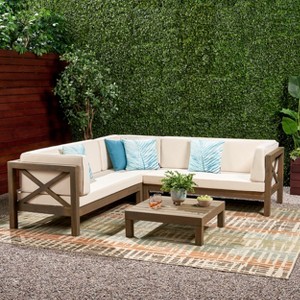 GDFStudio Keith Outdoor Acacia Wood 5 Seater Sectional Sofa Chat Set with Water-Resistant Cushions - 1 of 4