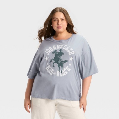 Women's Johnny Cash "Man in Black" Short Sleeve Graphic Oversized T-Shirt - Blue
