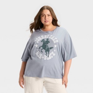 Women's Johnny Cash "Man in Black" Short Sleeve Graphic Oversized T-Shirt - Blue - 1 of 3