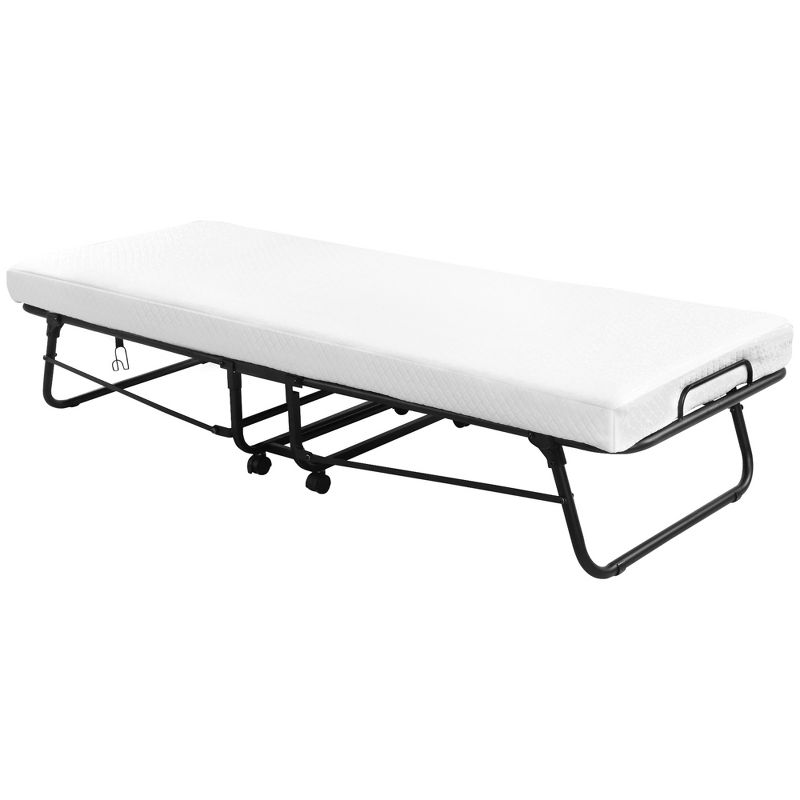 HOMCOM Rollaway Bed, Folding Bed with 4" Mattress, Portable Foldable Guest Bed with Memory Foam, Steel Frame and Wheels, White, 4 of 7