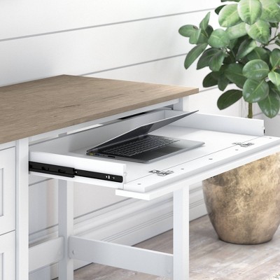 Modern Farmhouse 54" Pure White Wood Computer Desk with Bronze Hardware