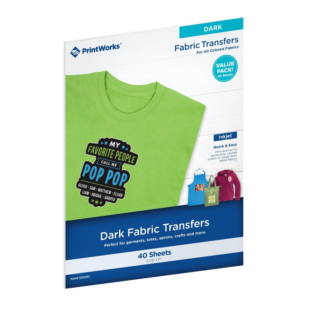 40 Sheets Dark T-Shirt Transfers for Inkjet Printers 8.5"x11" - PrintWorks: Iron-On Transfer Paper for Printable Shirts