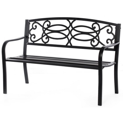 Gardenised Black Outdoor Steel Park Bench Cast Iron Scrollwork Backrest Garden Lawn Decor