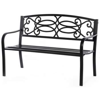 Gardenised Steel Outdoor Patio Garden Park Seating Bench with Cast Iron Scrollwork Backrest, Front Porch Yard Bench Lawn Decor